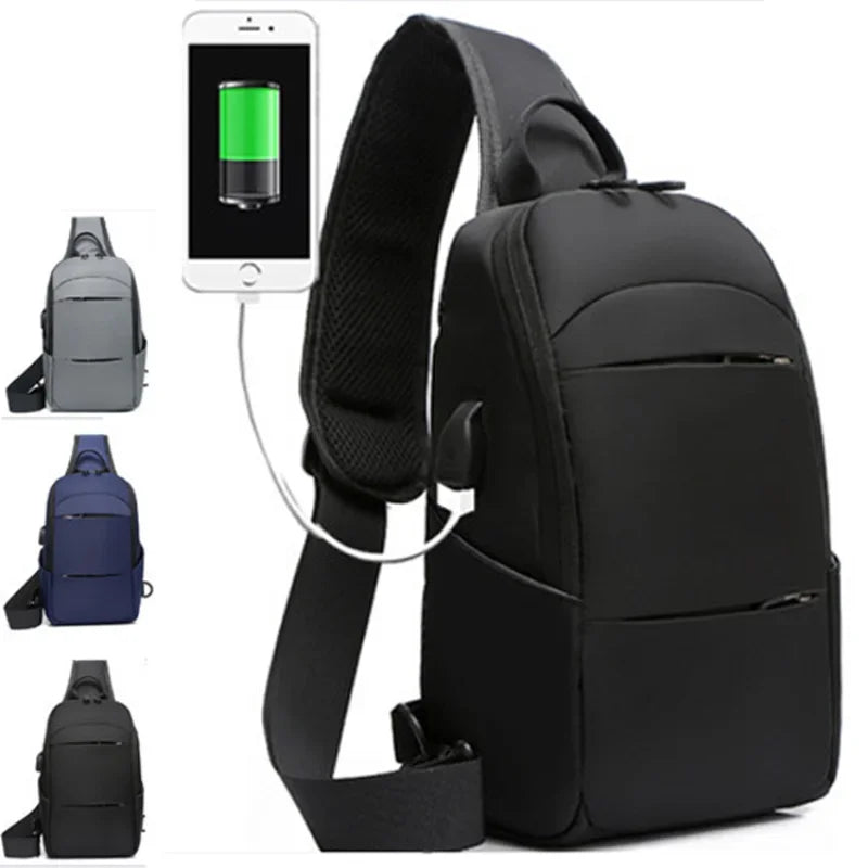 Black crossbody bag with USB charging port and smartphone showing charging icon.