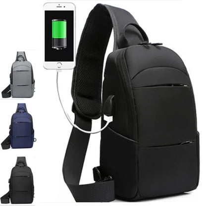 Black crossbody bag with USB charging port and smartphone showing charging icon.