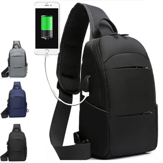 Black crossbody bag with USB charging port and smartphone showing charging icon.
