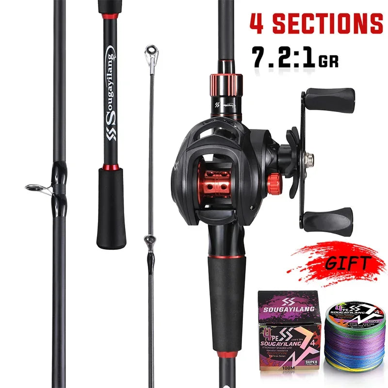 Sougayilang Angelrute Rollen Combo 1,8~2,1m Kohlefaser Casting Rute und 7,2:1 Übersetzung Baitcasting Rolle Max. Bremskraft 10kg für Barsch