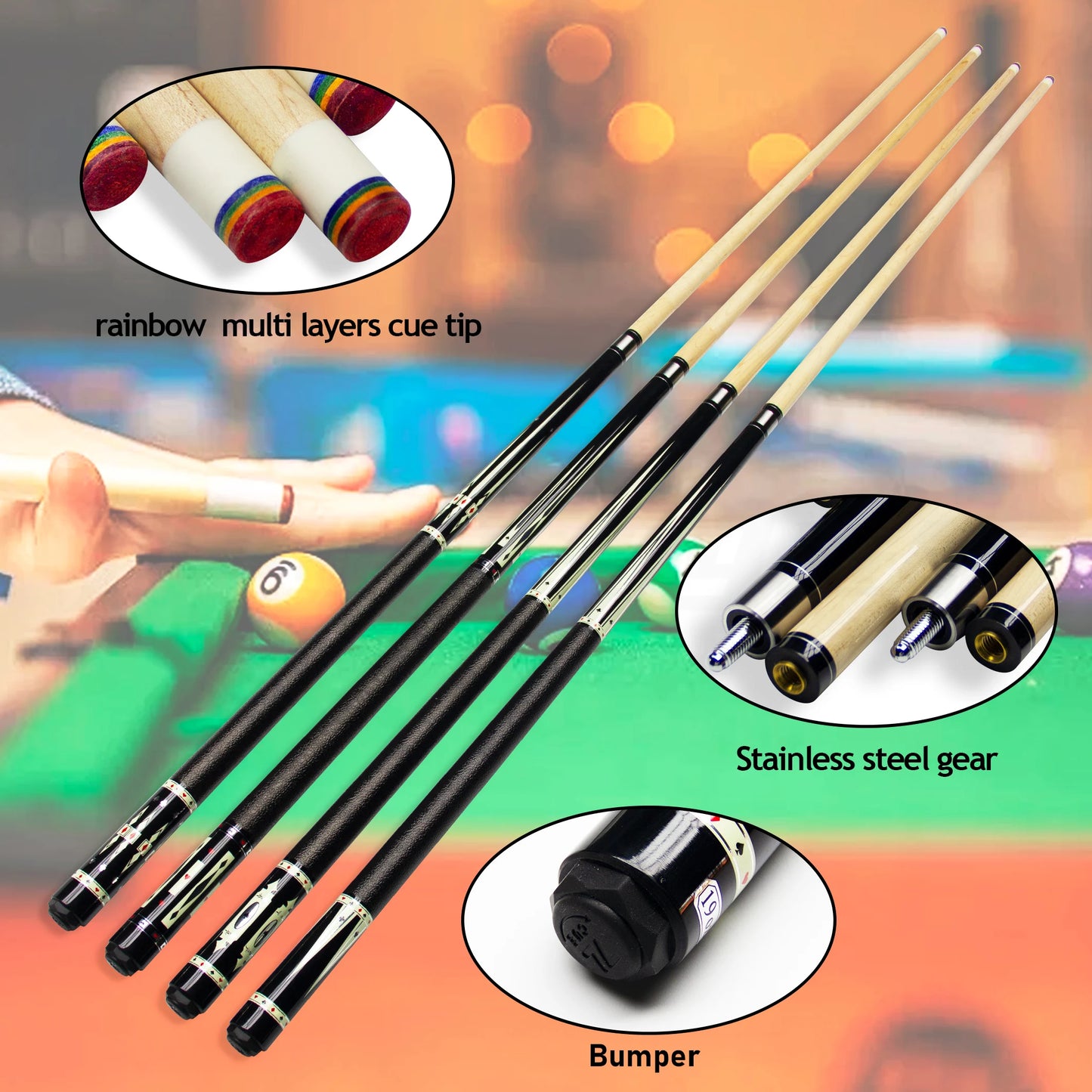 Set of pool cues with close-ups of rainbow multi-layered cue tip, stainless steel gear, and bumper on a blurred pool table background.