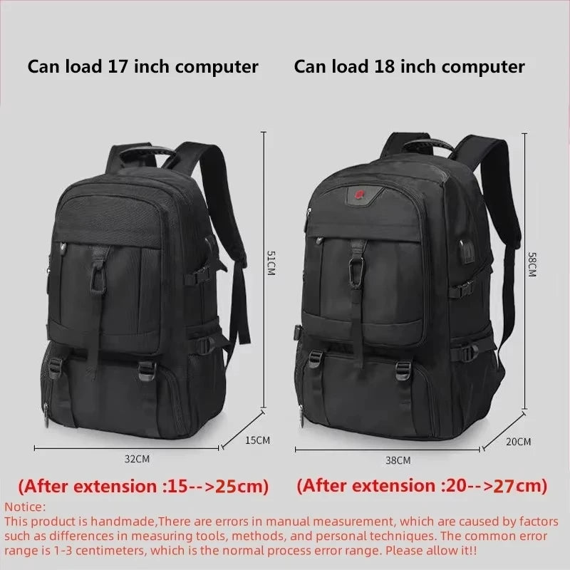 Two black backpacks with measurements and text indicating their capacity for 17-inch and 18-inch computers.