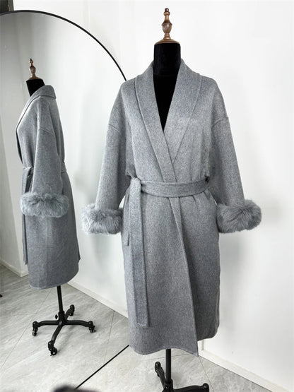 Tossy Fox Fur Wool Overcoat Women's Short Coat Office Lady Elegant Double-sided Woolen Coat 2025 New Cardigan Jackets Loose Wool