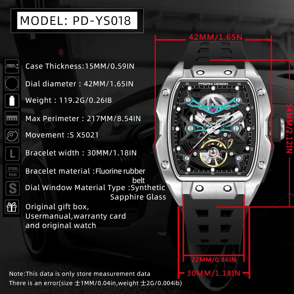 Watch with detailed specifications on a black background