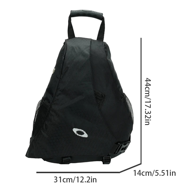 Black sling bag with measurement details on a white background