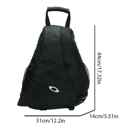 Black sling bag with measurement details on a white background