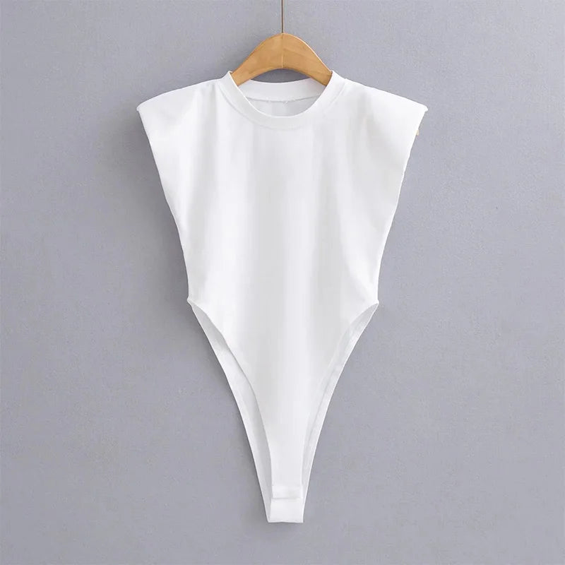 Sexy Oberteile Damen Sommer-Einteiler Bodycon Bodysuit gepolsterter Schulter-Bodysuit schwarze ärmellose Bodys für Damen weiß