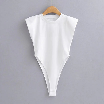 Sexy Oberteile Damen Sommer-Einteiler Bodycon Bodysuit gepolsterter Schulter-Bodysuit schwarze ärmellose Bodys für Damen weiß