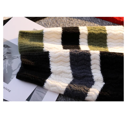 Men's Clothing Screw Thread Round Neck Autumn Winter Pullover Lantern Long Sleeve Contrast Color Sweater Knitted Casual Tops