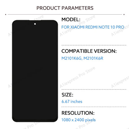 Product parameters for a screen replacement compatible with Xiaomi Redmi Note 10 Pro on a white background.