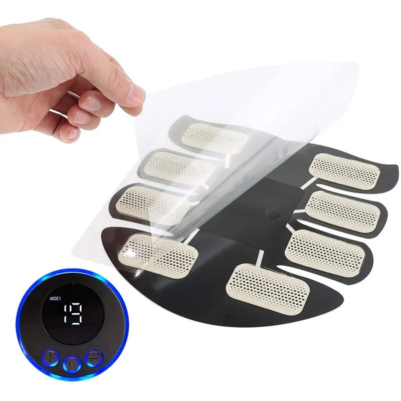 Hand holding a package of adhesive patches with a digital device on a white background