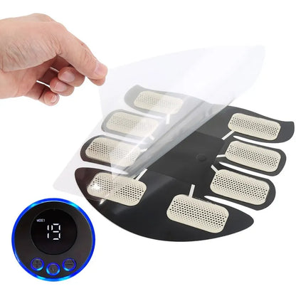 Hand holding a package of adhesive patches with a digital device on a white background