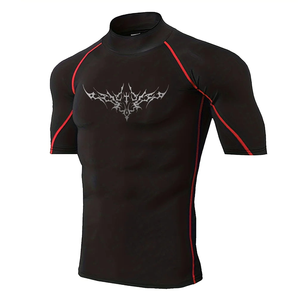 Herren Gothic-Print schnelltrocknendes Langarm-Fitness-Workout-Stretch-Enges Top Stehkragen atmungsaktives Trainings-T-Shirt S-3XL