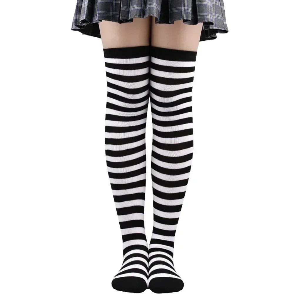 Long Socks Womens Over Above Knee Striped Thigh High Stockings Polka Dot Ladies Black White Pink Cosplay Lolita Harajuku Y2k