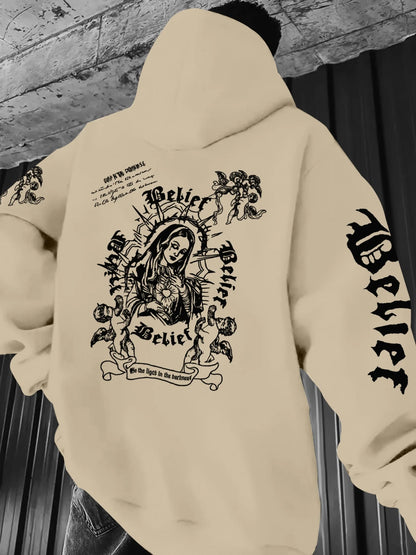 European and American men's autumn Statue of Liberty little angel print comfortable soft hooded sweatshirt outdoor street top