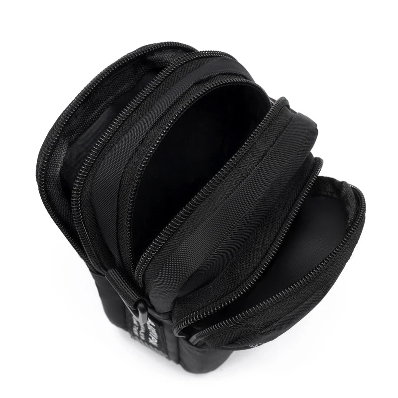 Black zippered pouch on a white background