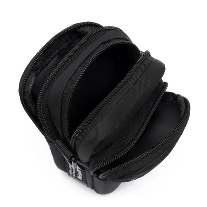 Black zippered pouch on a white background