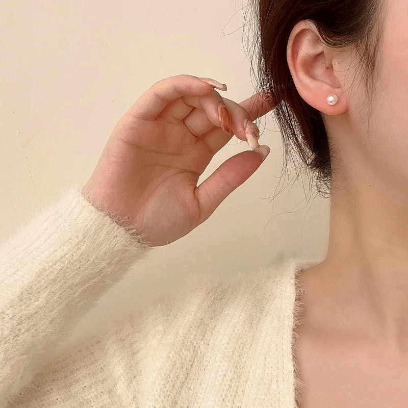 2pcs Simple Imitation Pearl Stud Earrings For Women Girls Stainless Steel Screw Back Pierced Studs Jewelry Gifts