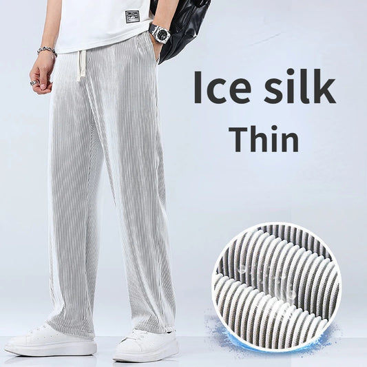 Person wearing light-colored ice silk pants with a close-up of the fabric and text 'Ice silk Thin' on a white background.