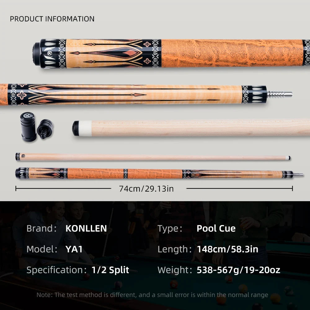 Pool cue with components and product information on a gray background