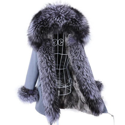 MAOMAOKONG 2023 Abnehmbarer Echtfuchs Pelzkragen Mäntel Damen Winterjacke Kapuze Kaninchenfellfutter Lange Parkas Damenbekleidung