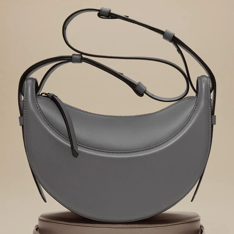 2025 French fashion genuine leather women's shoulder bag, crescent bag, niche design zipper closure shoulder crossbody bag