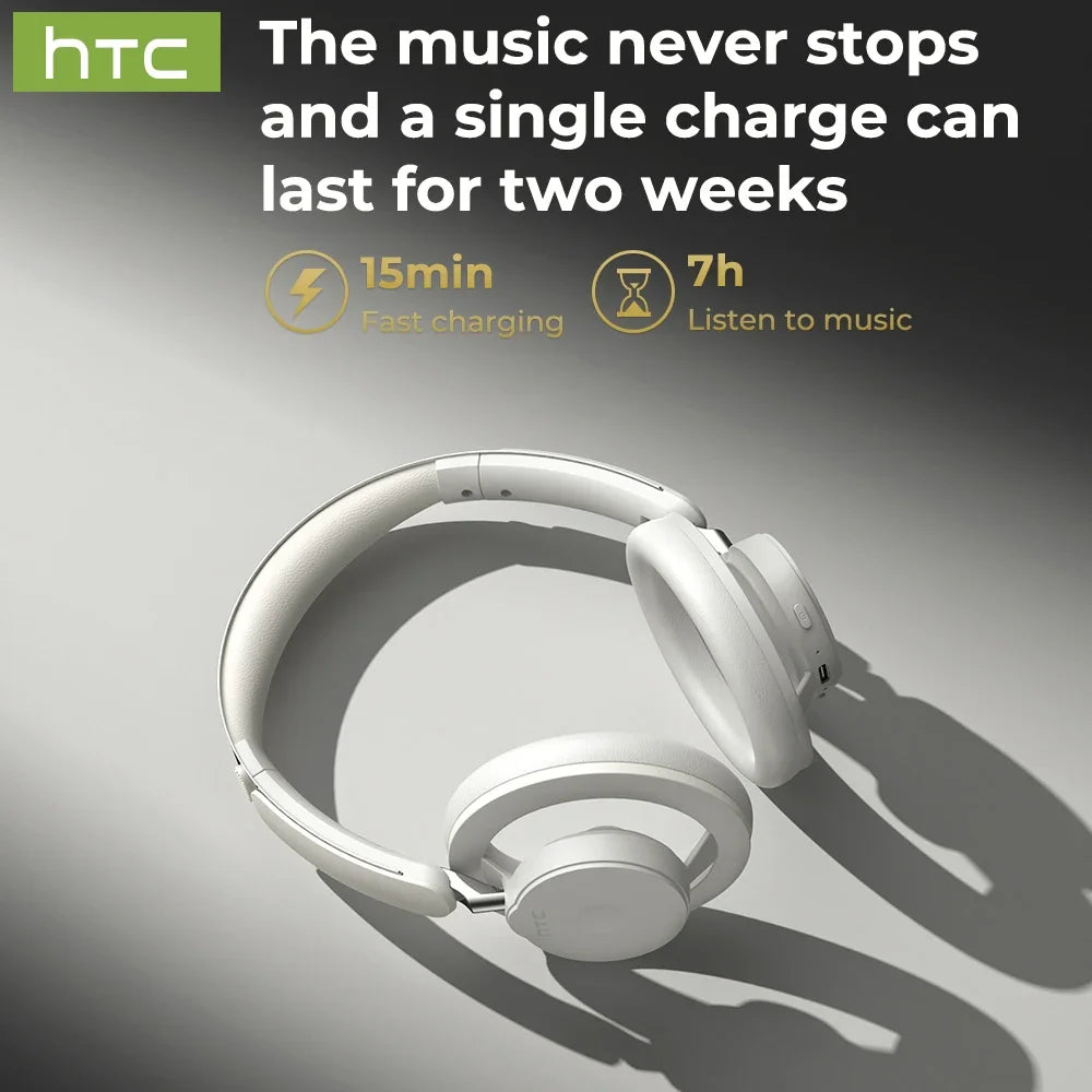 White headphones with HTC branding and charging information on a gray background