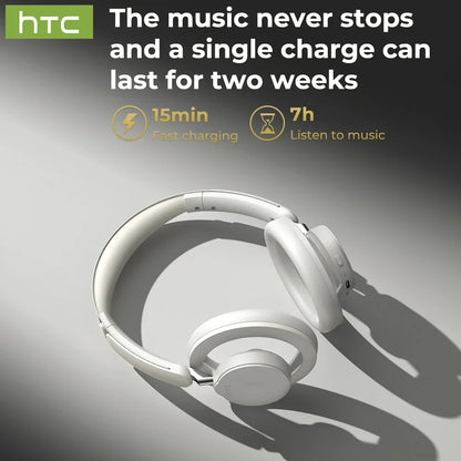 White headphones with HTC branding and charging information on a gray background