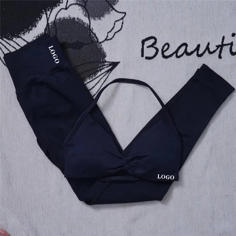 2Pcs Women's Gym Yoga Set Seamless High Waist Leggings Sports Bra Top Workout Outfit Fitness Activewear Running Training Clothes
