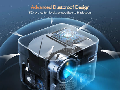 Projector with dustproof design features on a dark background