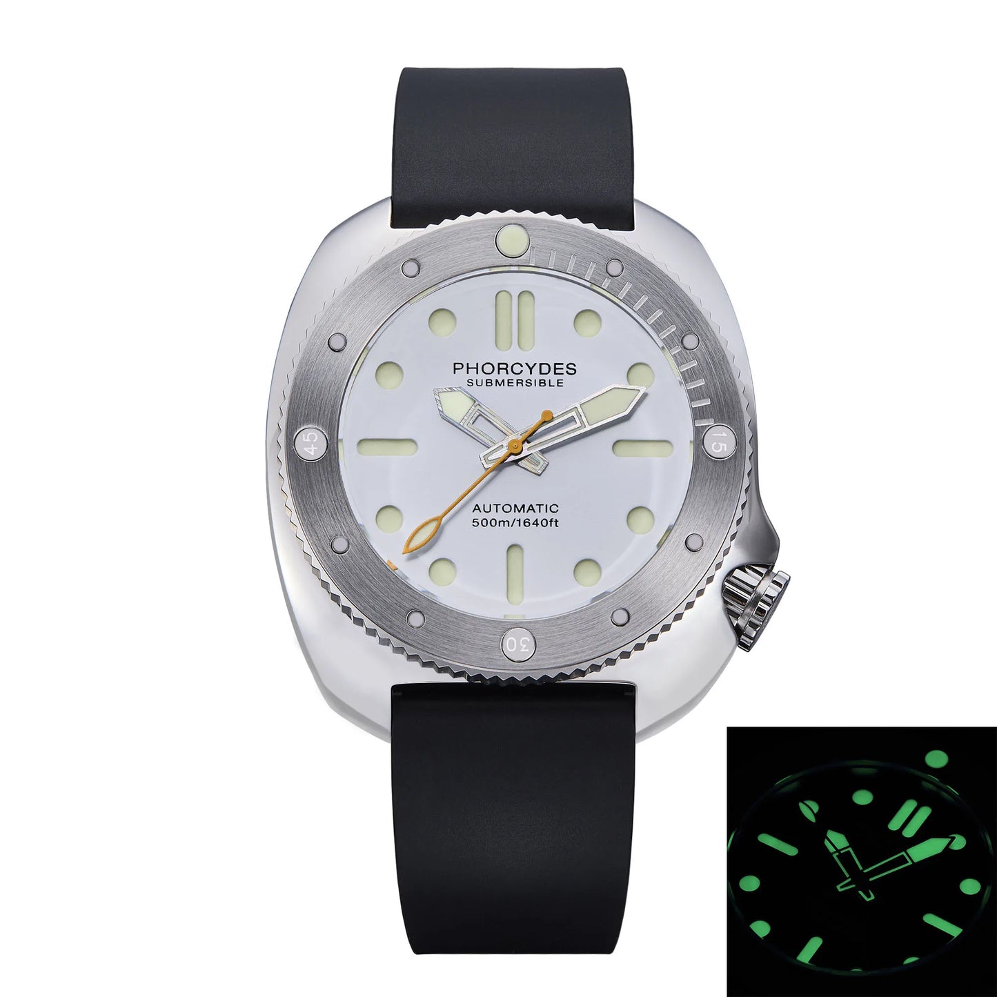 Watch with black strap and white face, featuring Phorcydes branding, on a white background.
