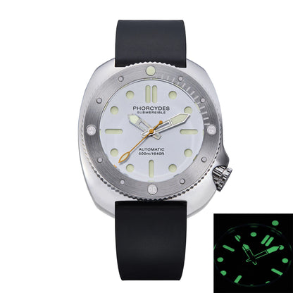 Watch with black strap and white face, featuring Phorcydes branding, on a white background.