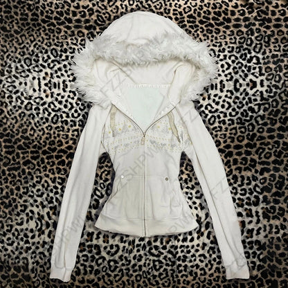 Aesthetic Women's Fur Collar Hoodie Sexy Slim Chic Casual Solid Color Cardigan Sweatshirt Goth Punk Rock Streetwear