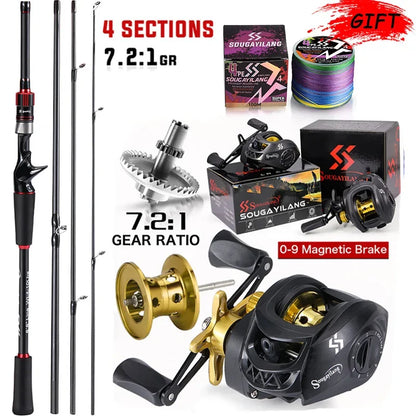 Sougayilang Angelrute Rollen Combo 1,8~2,1m Kohlefaser Casting Rute und 7,2:1 Übersetzung Baitcasting Rolle Max. Bremskraft 10kg für Barsch