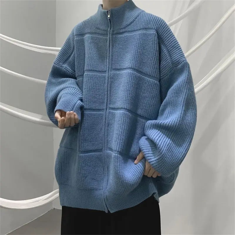 Men's Clothing Stand Collar Cardigan Knitted Casual Autumn Winter All-match Solid Color Loose Spliced Stylish Zipper Sweaters