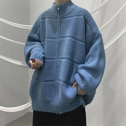 Men's Clothing Stand Collar Cardigan Knitted Casual Autumn Winter All-match Solid Color Loose Spliced Stylish Zipper Sweaters