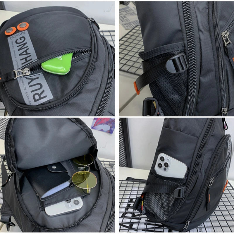 Collage of a black backpack with various compartments and features.