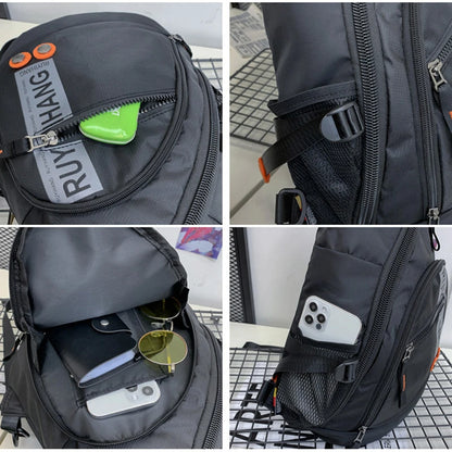 Collage of a black backpack with various compartments and features.