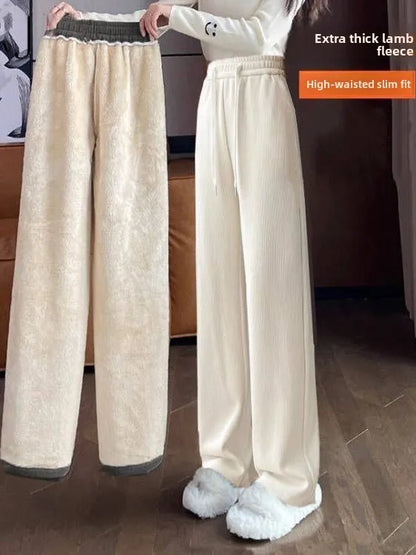 Lamb Velvet Fce Lined Thiened Wide Leg Pants Women's Loose Fit Corduroy Casual Trousers Autumn Winter plus Size Slimming