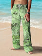 Men's Casual Linen Cotton trousers, Summer Ethnic Printed Beach pants, retro, mid-waist, zippered, Large Size Ropa Hombre