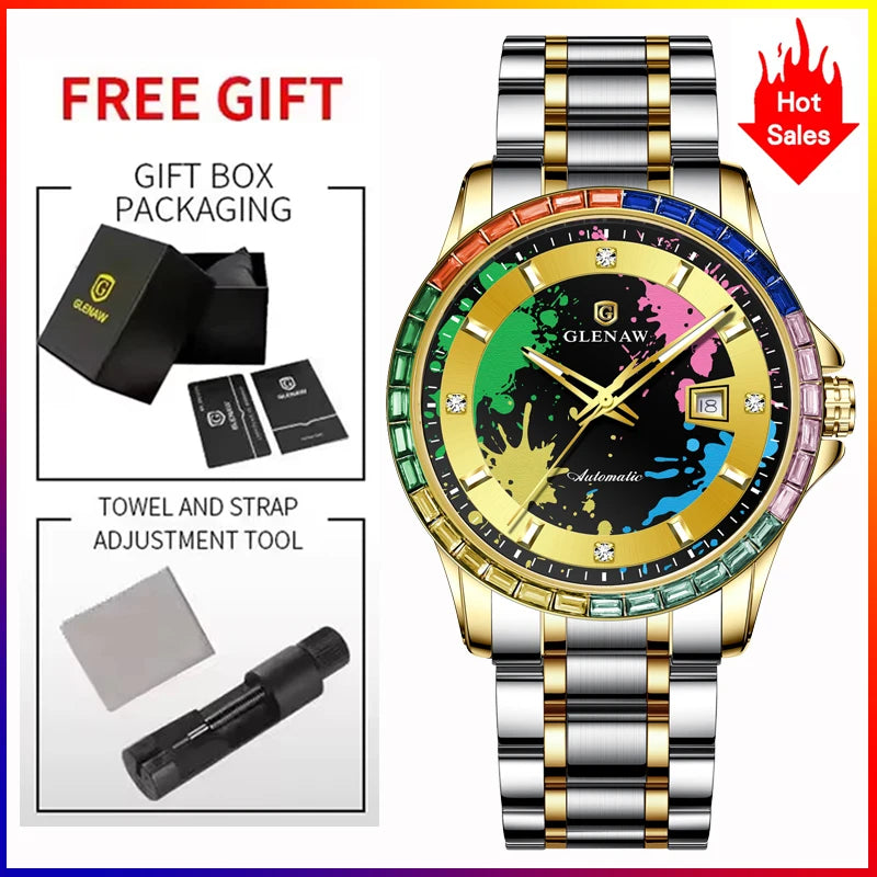 Rainbow Circle Mechanical Watch Graffiti Dial Night Light Calendar Waterproof Mechanical Watch