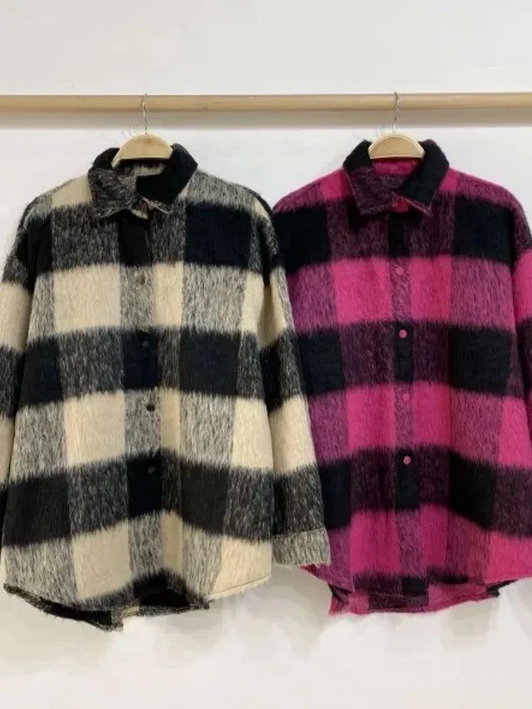 Chic Autumn Winter Thiened Warm Long Sve Women's Woolen Coat Casual Sle Loose Fit Plaid Pattern Button Detail irt