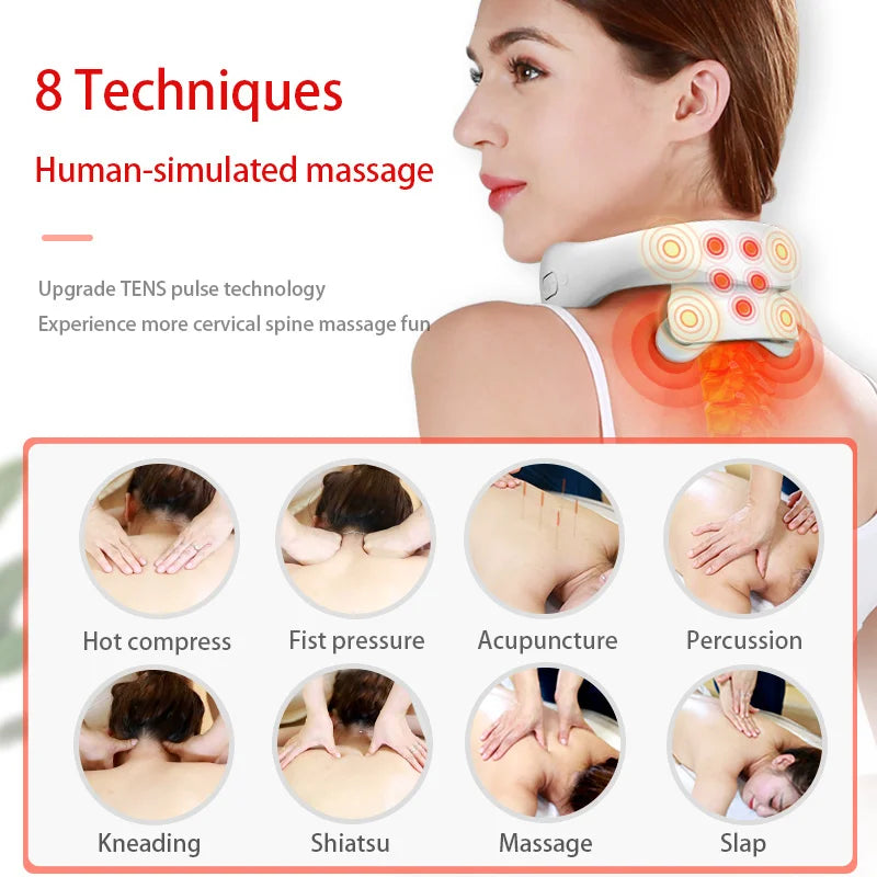 Woman receiving neck massage with device, showing various massage techniques on a white background.