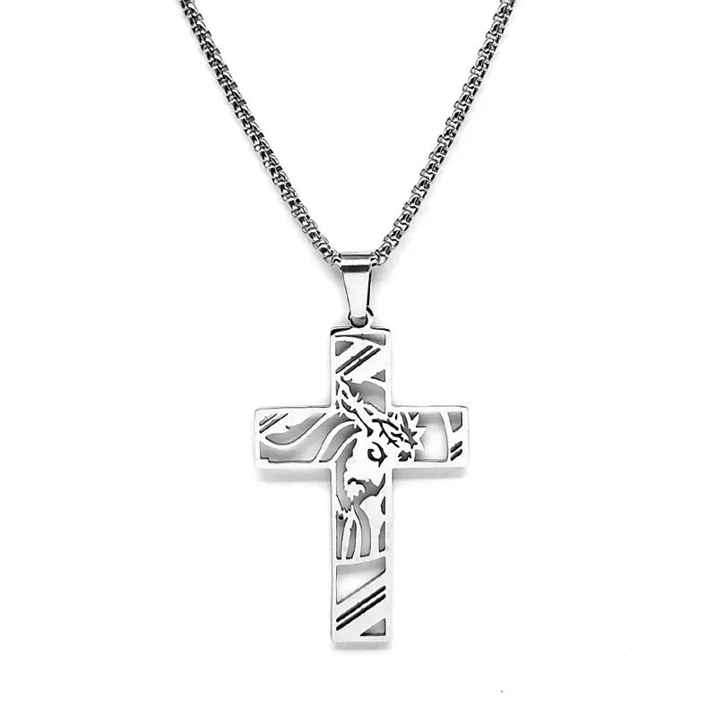 Hip Hop Punk Crown of Thorns Jesus Cross Necklace for Men Stainless Steel Gold Plated Crucifix Pendant Necklaces Jewelry