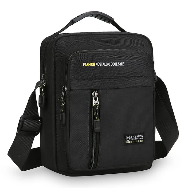 Black shoulder bag with text on a white background