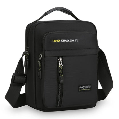 Black shoulder bag with text on a white background