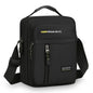 Black shoulder bag with text on a white background