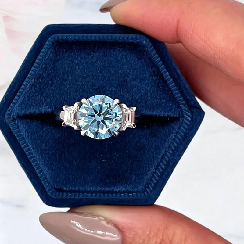 14K White Gold 3CT Round Cut Blue Lab Grown Diamond Ring IGI Certified Elegant Luxury Diamond Band Fine Jewelry