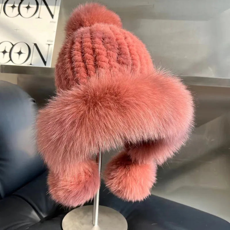 Real Mink Fur Hatfor Women Woven Fur Fisherman Hat With Fox Fur Ball  Thickened Warm Ear Protection Hat Hand Beanies Bonnets Cap