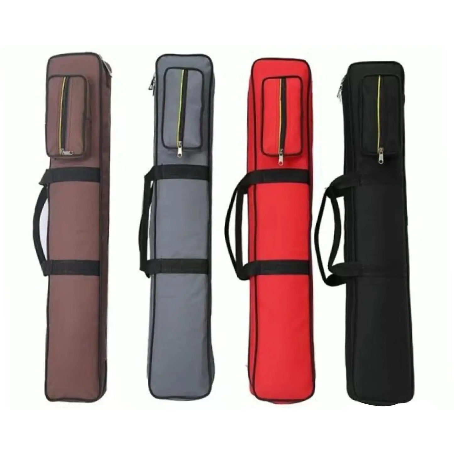 Four cylindrical bags in brown, gray, red, and black on a white background